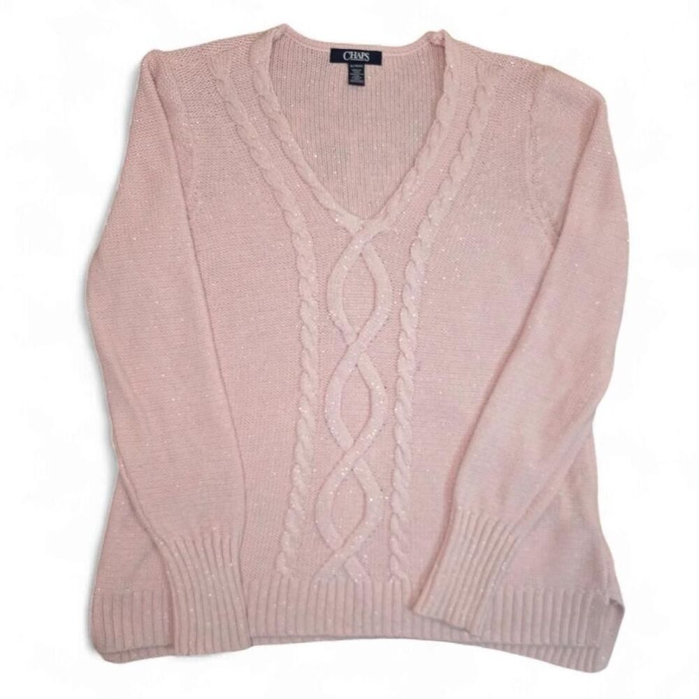 CHAPS Pink Cable Knit Sweater XL V Neck Metallic Silver Shimmer